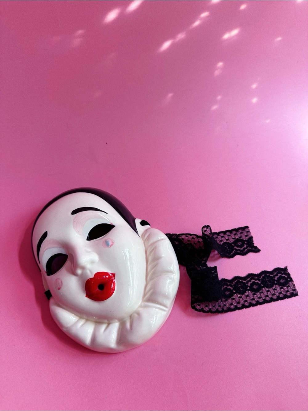 Decorative Ceramic Pierrot Clown Wall Mask in White with Red Lips